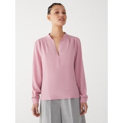 Blusa in seta collo coreano rosa vista anteriore indossata