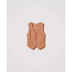 Gilet in tessuto scuba caramel camel vista anteriore