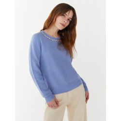 Pull misto lana azzurro con strass girocollo vista anteriore indossata