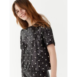 T-shirt paillettes nero vista anteriore indossato