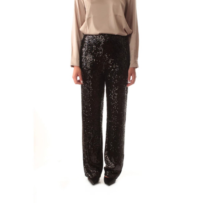 Pantaloni flare con paillettes nero vista anteriore indossato