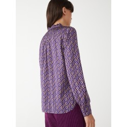 Blusa in raso viola vista posteriore  indossato